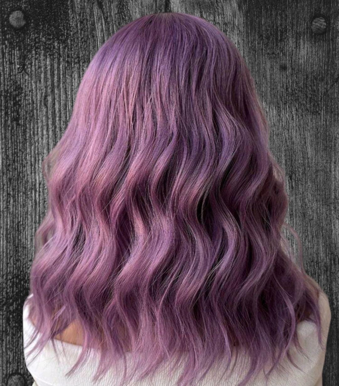 Dusty purple wavy synthetic wig with bangs