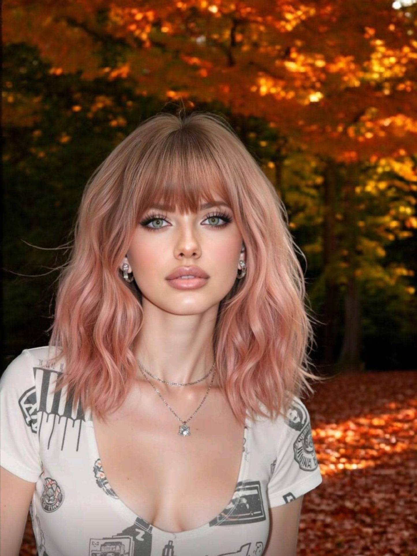 Short wavy pink synthetic wig with dark roots and bangs