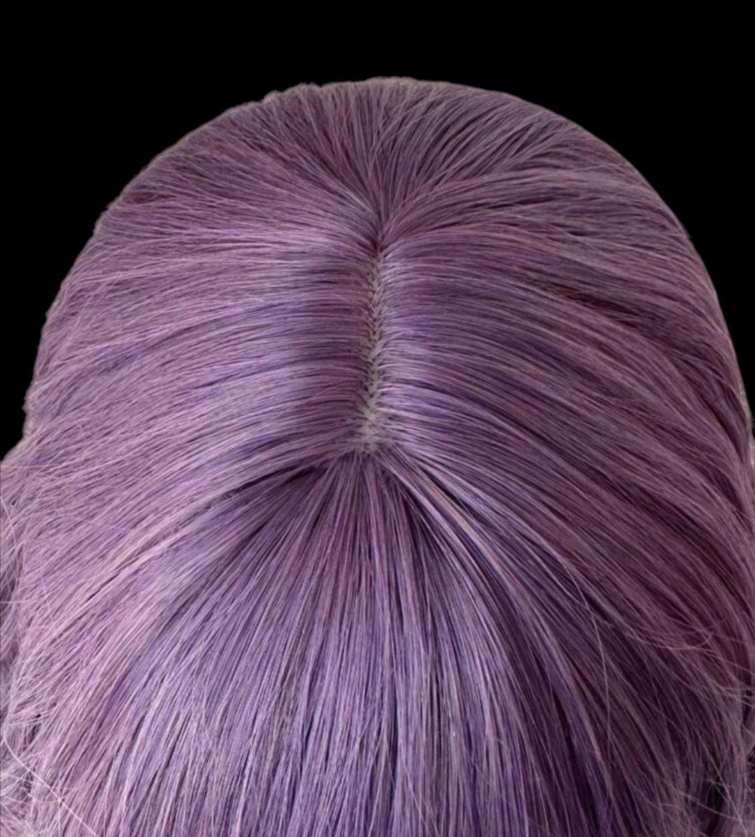 Dusty purple wavy synthetic wig with bangs