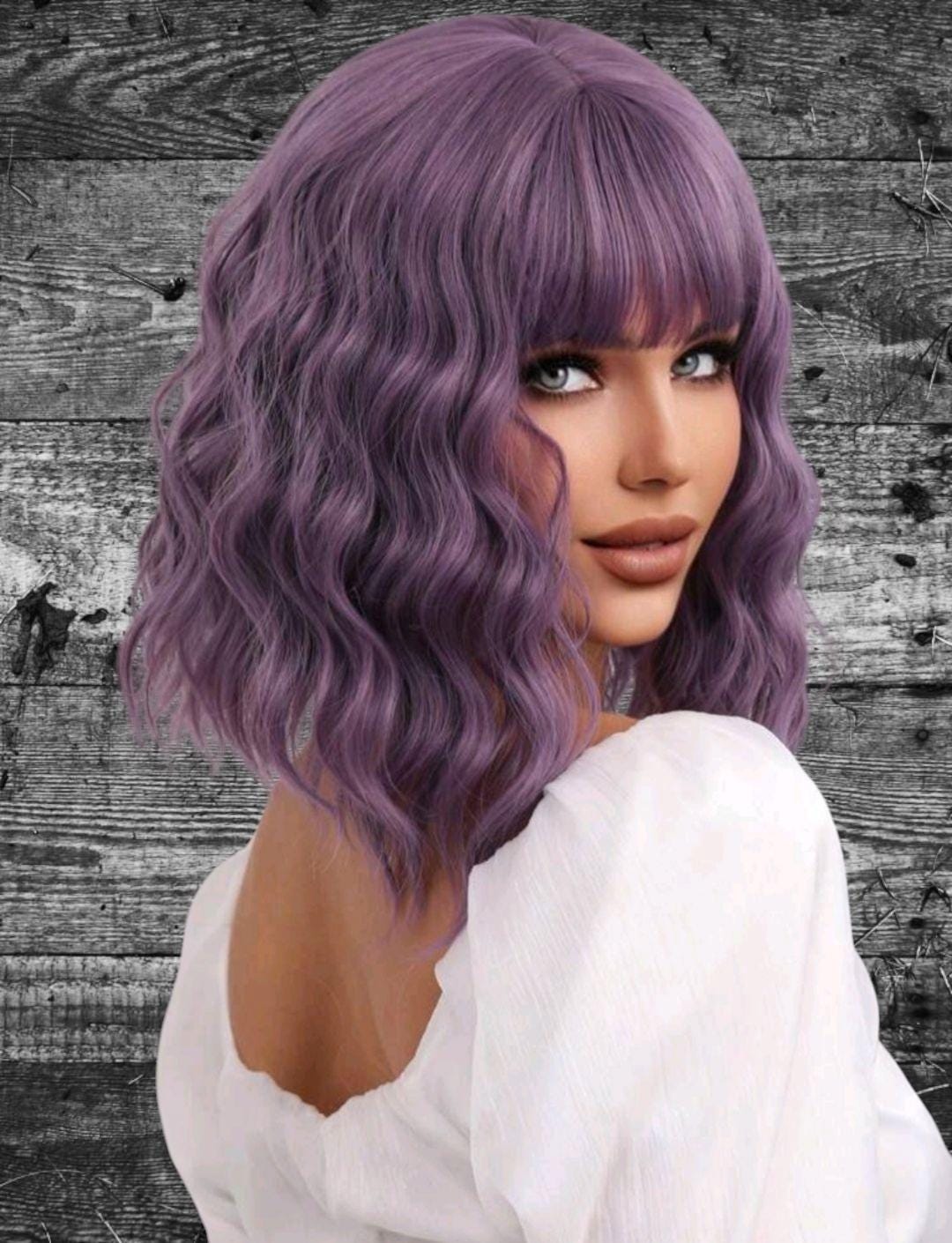 Dusty purple wavy synthetic wig with bangs